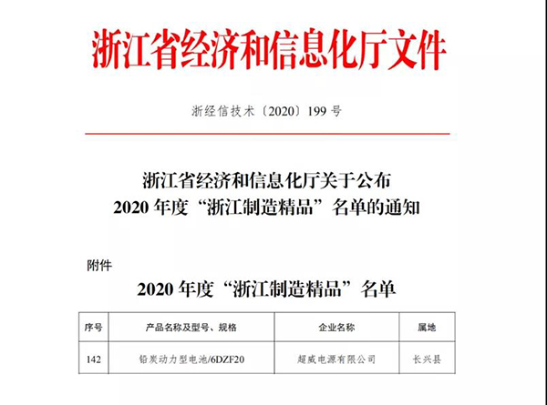 超威“鉛炭動(dòng)力型電池/6DZF20”登榜“浙江制造精品”名單